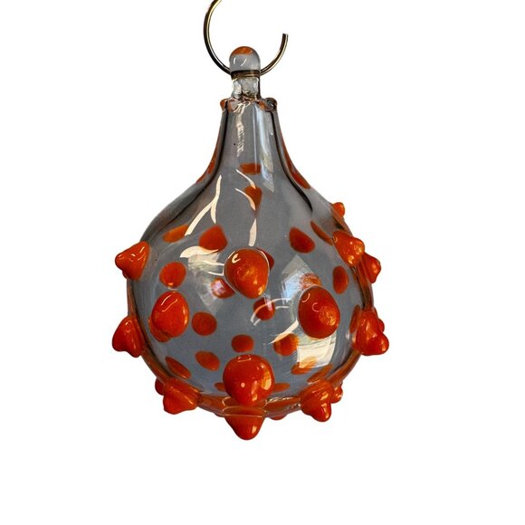 Blown Art Glass Ornament Clear Raised Orange Dots 3" Handcrafted Glass Piece - Picture 2 of 5